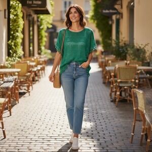 Chico's Crochet Knit Fringe Emerald Kelly Green Top‎ Boho Festival Resortwear M